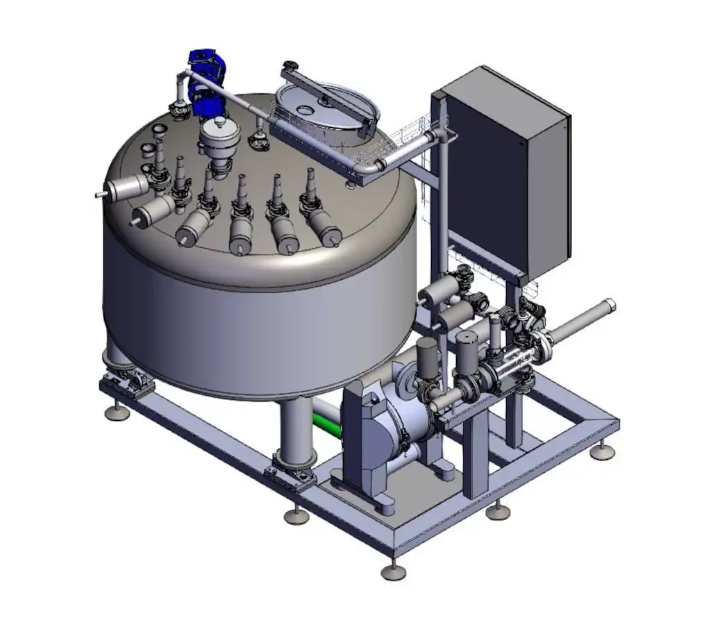 Skid de premezcla farmacéutico de Amphora Process, fabricado en acero inoxidable y diseñado para cumplir la normativa GMP, con instrumentación de control de precisión para garantizar la calidad en la formulación